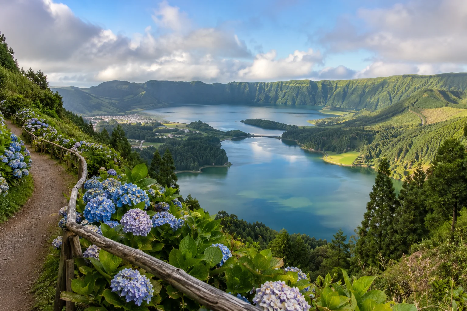 Illustration générée par IA : lac volcanique, versants verts et hortensias évoquant les Açores