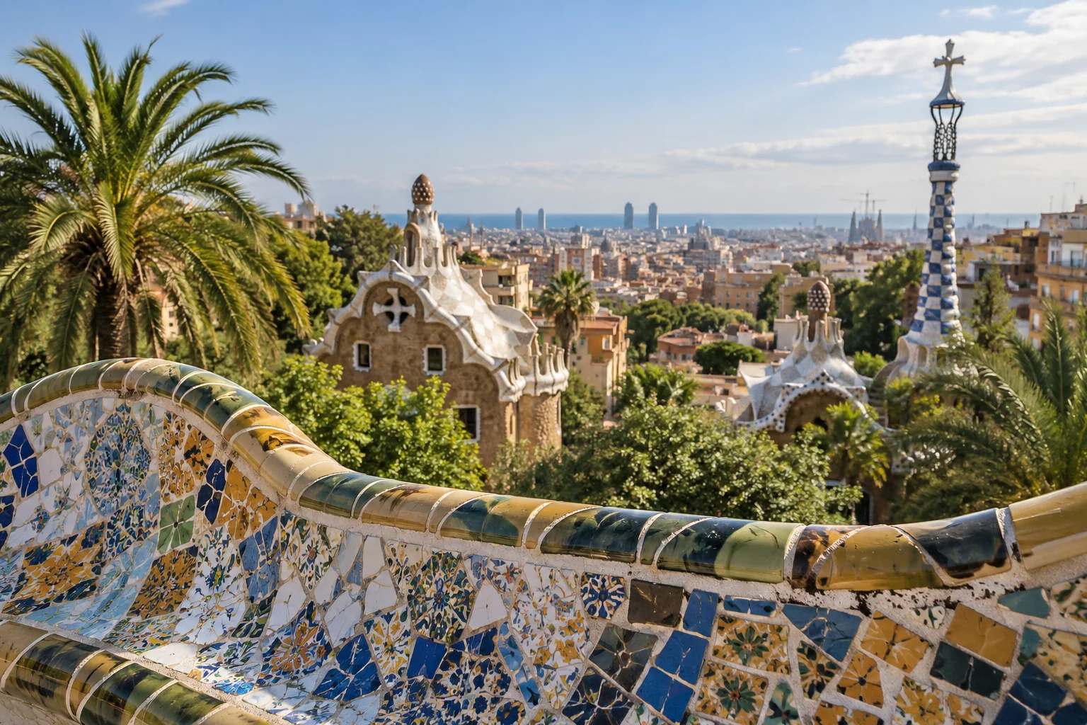 Illustration générée par IA : banc de mosaïques et panorama évoquant Barcelone