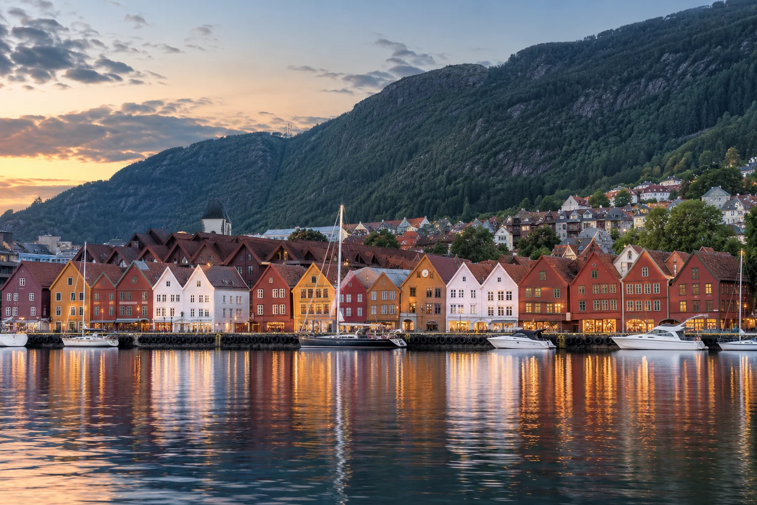 Illustration générée par IA : maisons en bois et reflets dans un port évoquant Bergen