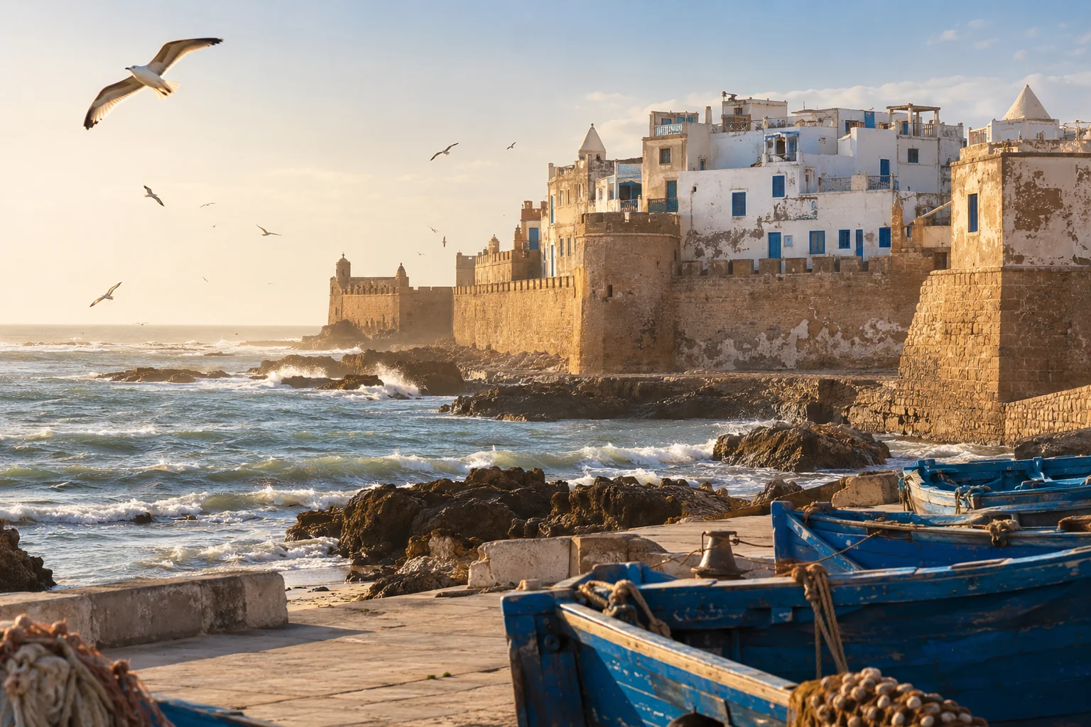 Illustration générée par IA : remparts, barques bleues et océan évoquant Essaouira
