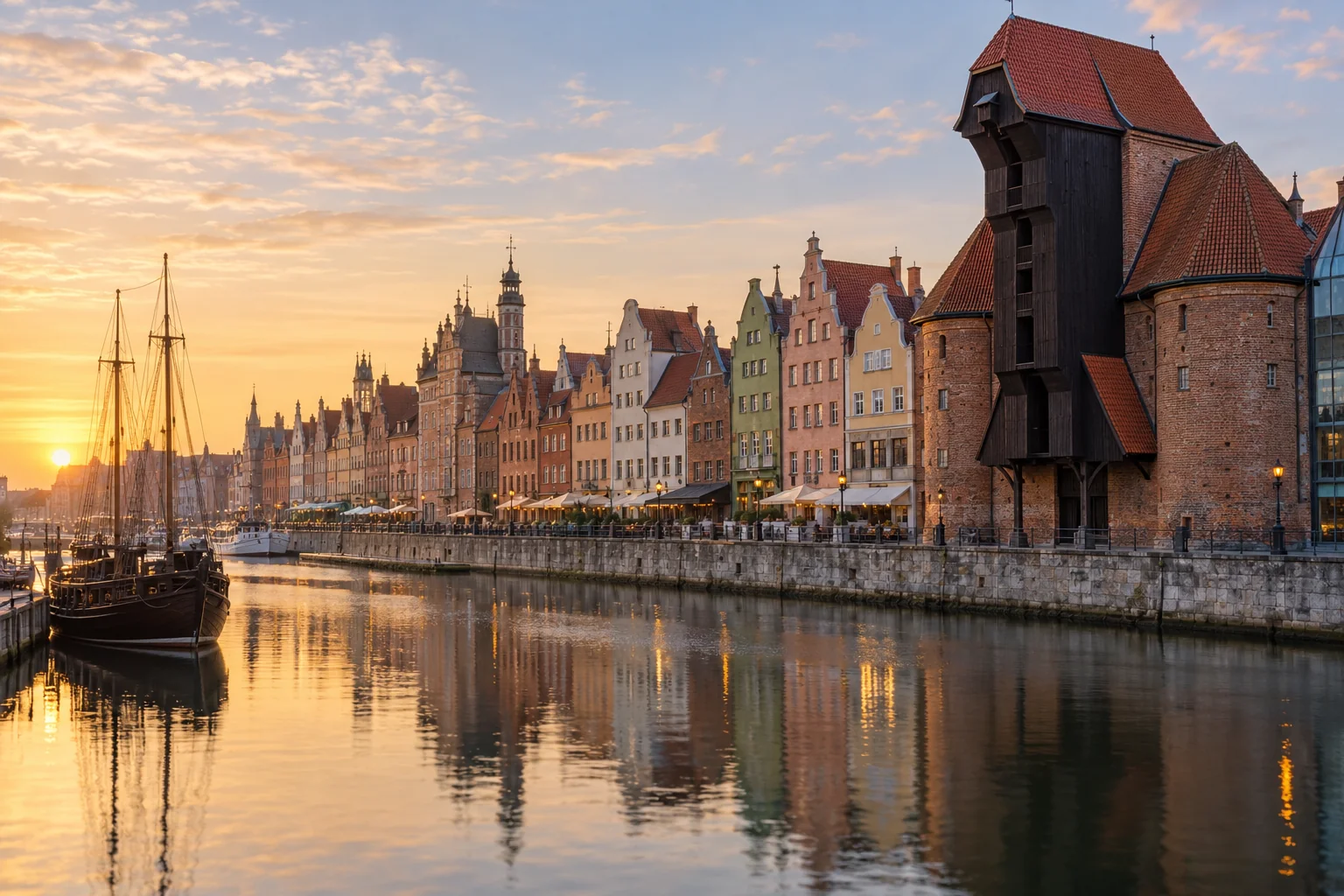 Illustration générée par IA : façades à pignons et grue portuaire évoquant Gdańsk