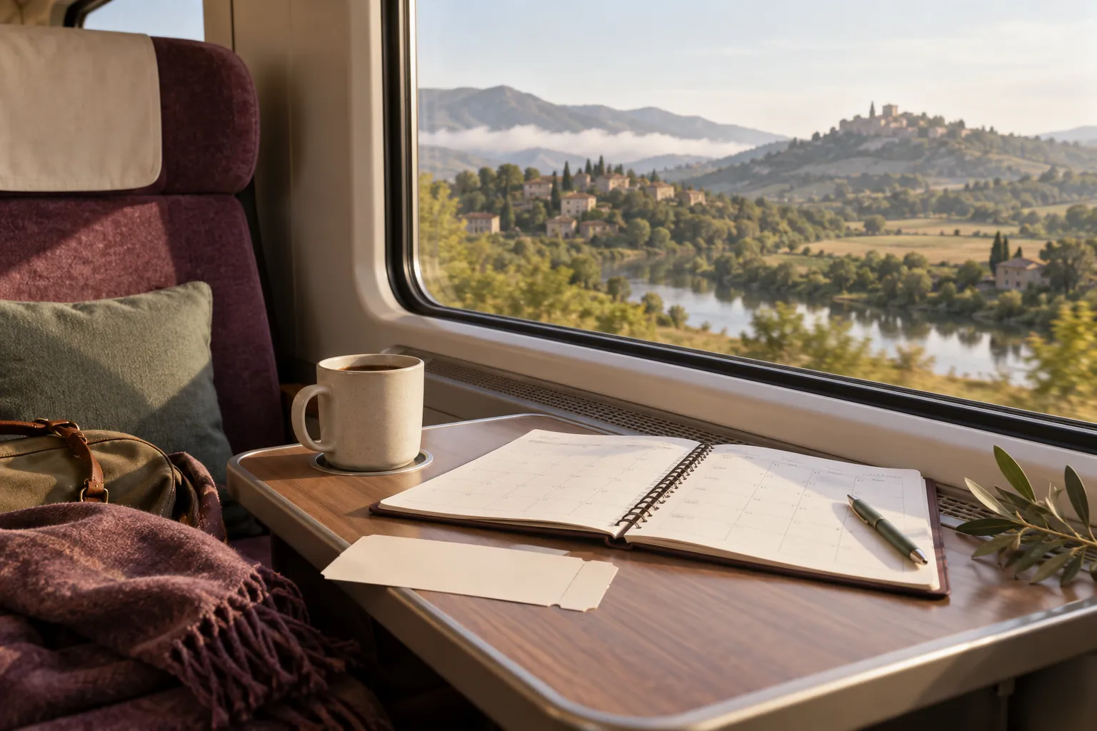 Illustration générée par IA : billet et calendrier sur une table de train face au paysage