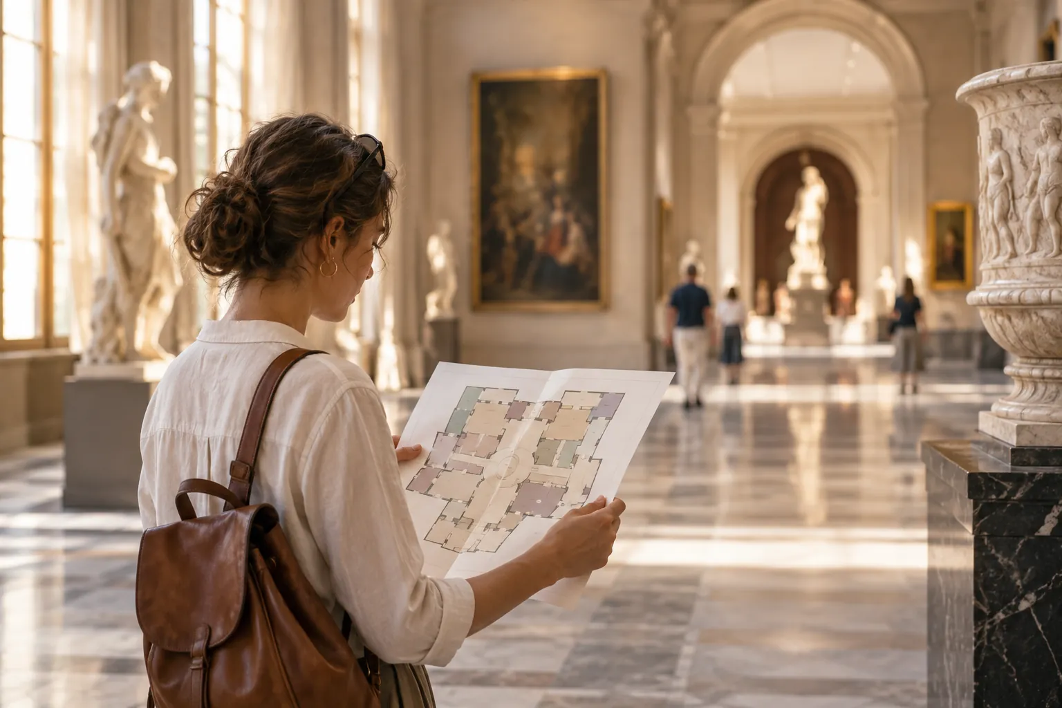 Illustration générée par IA : voyageur consultant un plan dans une galerie de musée