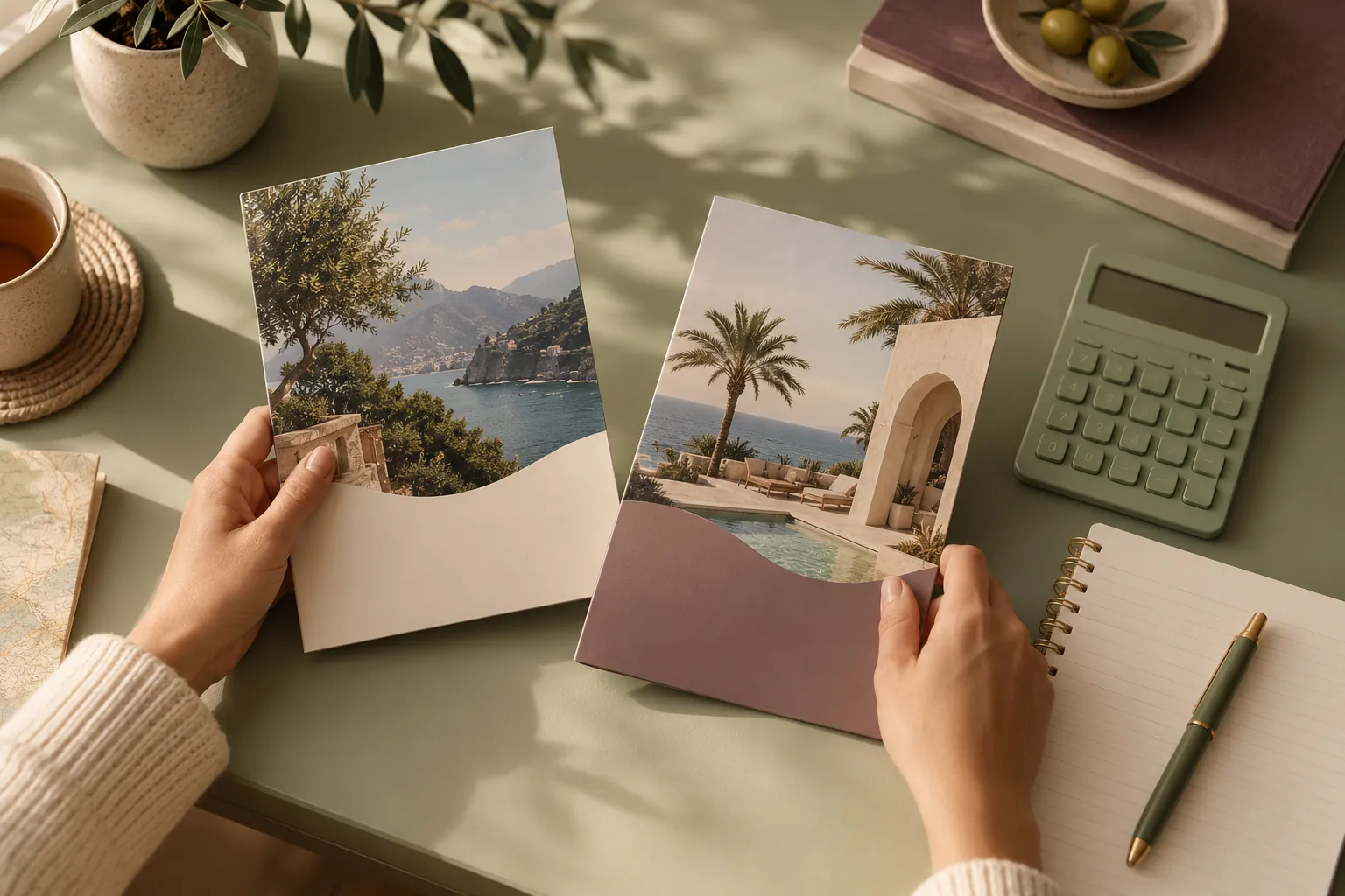 Illustration générée par IA : brochures de voyage et calculatrice pour comparer deux offres
