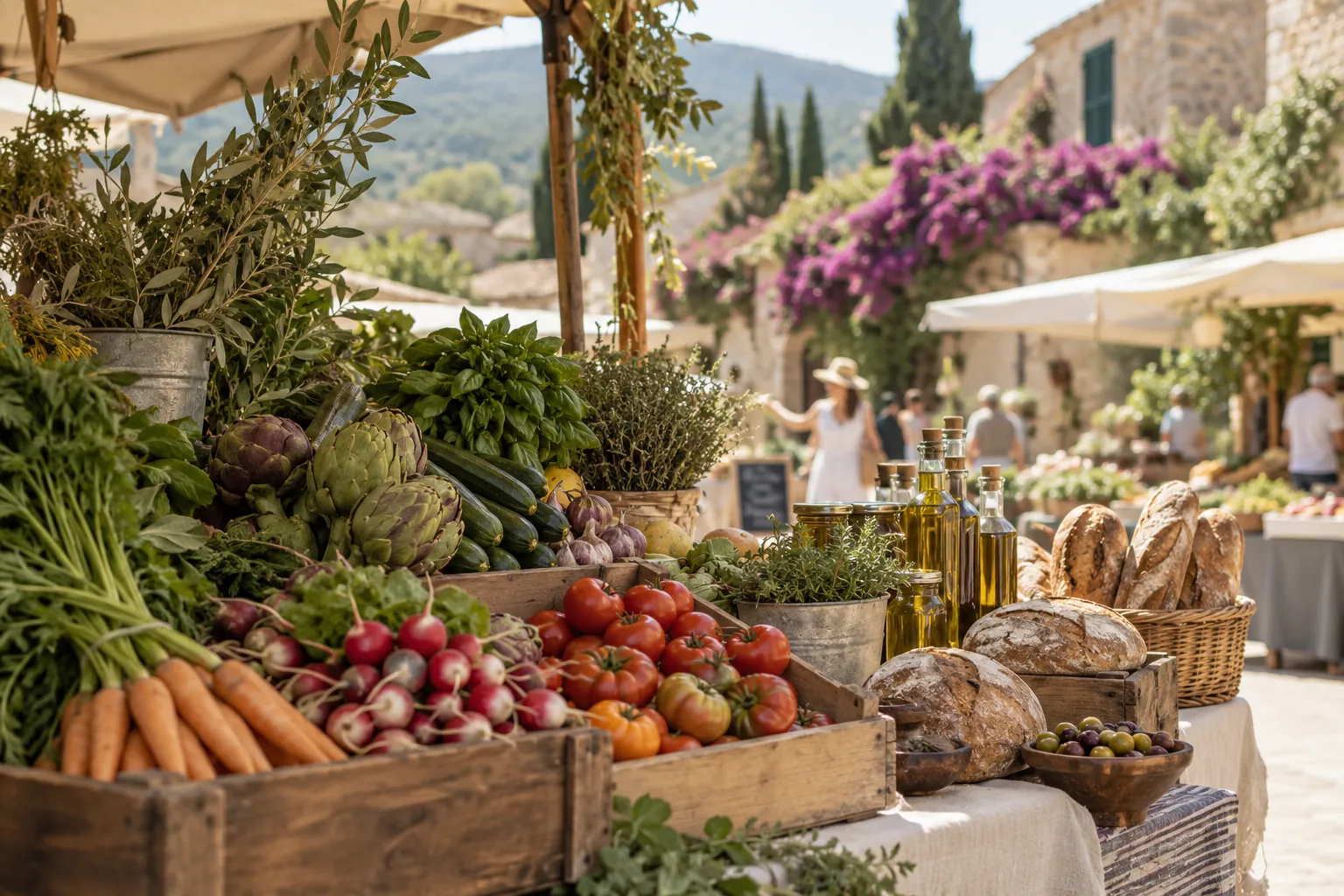 Illustration générée par IA : étal de marché avec légumes, pain et huile d’olive