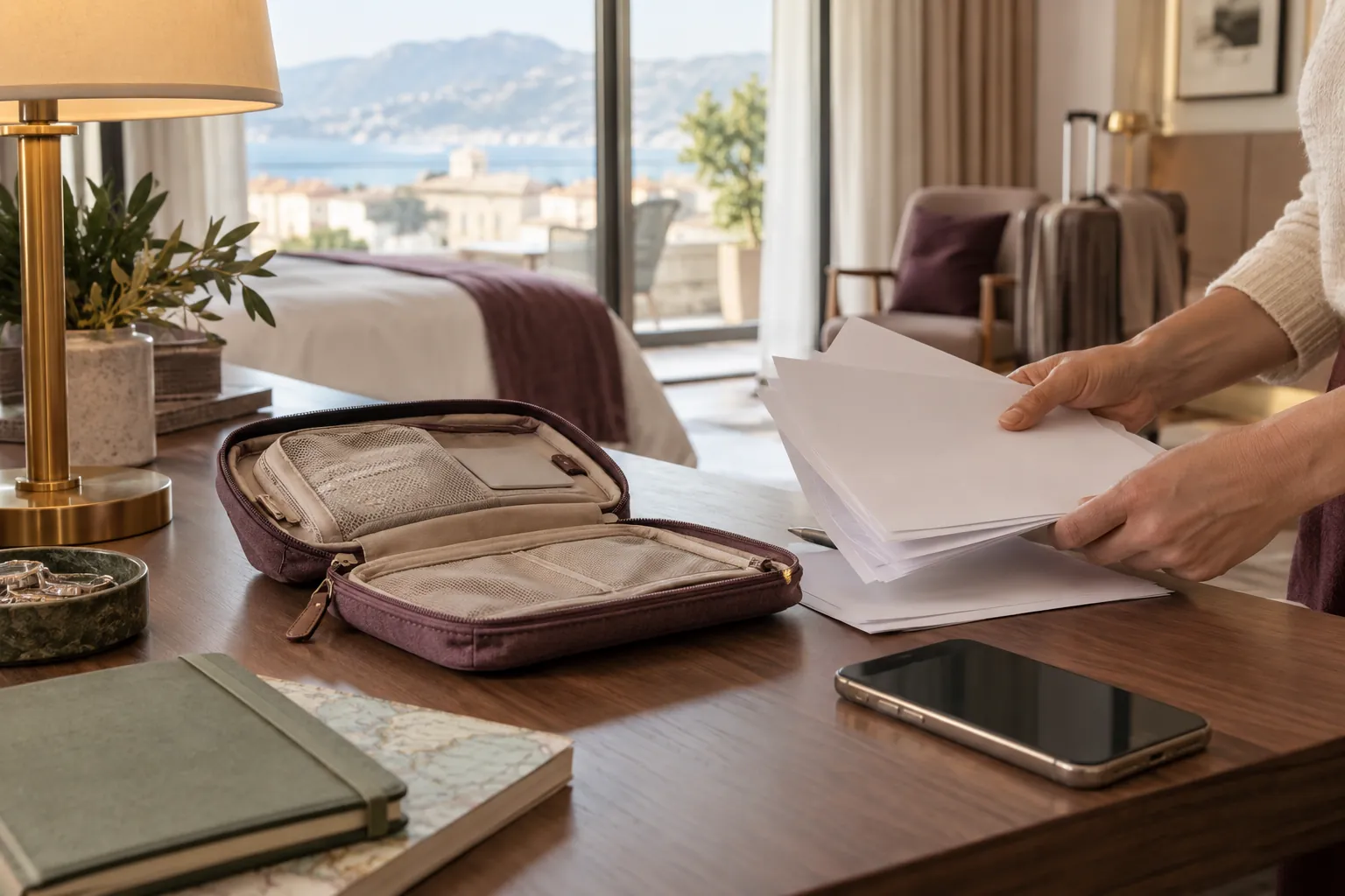 Illustration générée par IA : pochette de voyage et copies de documents sur un bureau d’hôtel