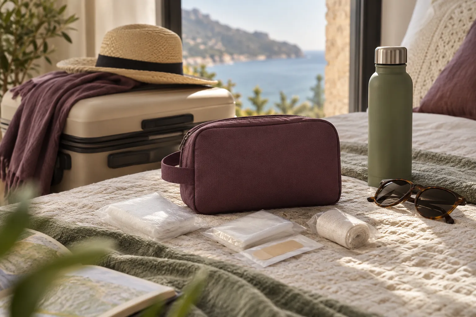 Illustration générée par IA : trousse de premiers secours, gourde et petite valise avant le départ