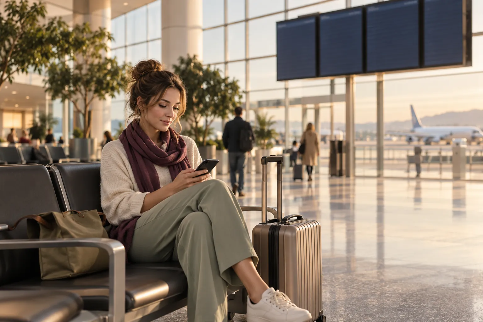 Illustration générée par IA : voyageur avec valise vérifiant son téléphone à l’aéroport