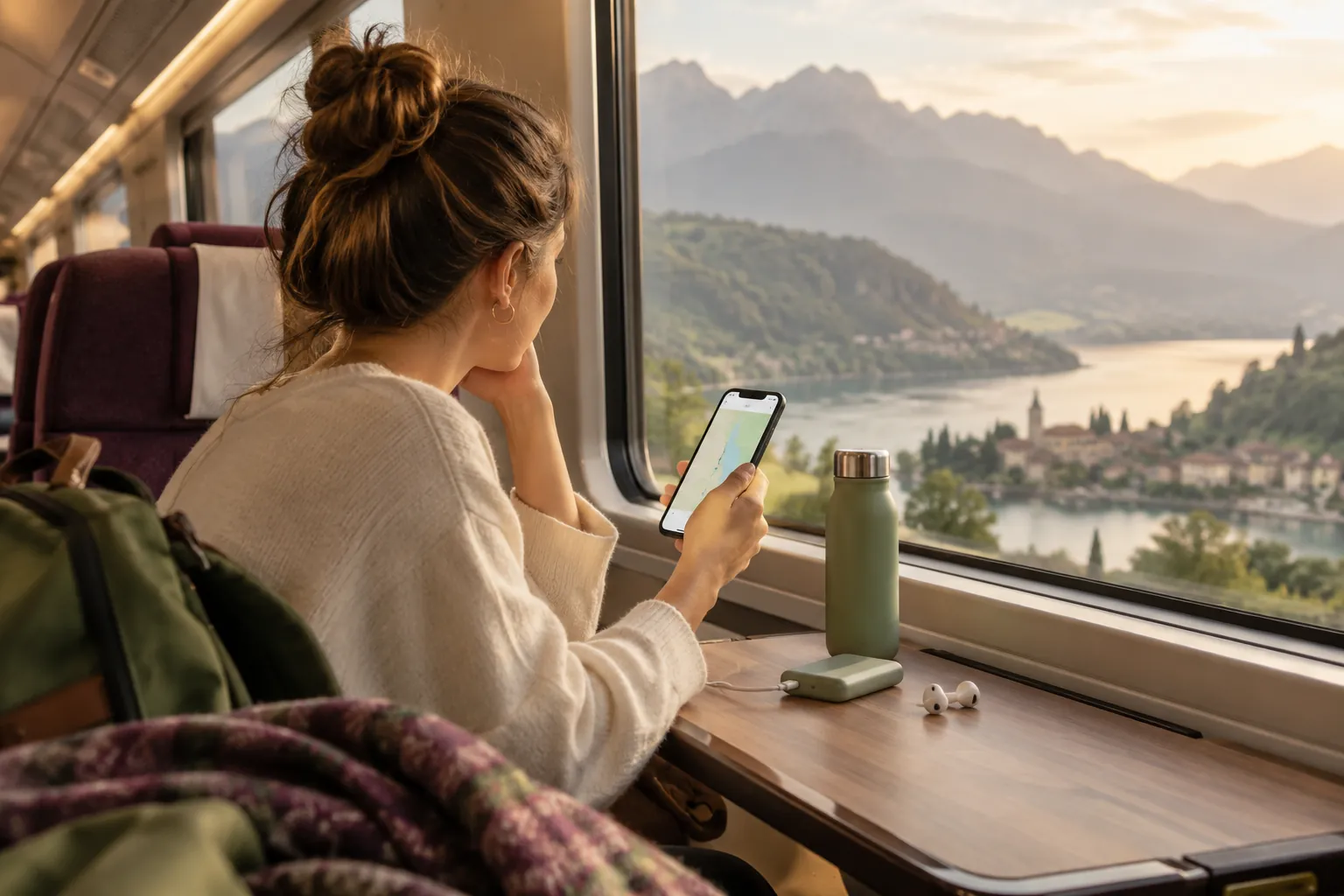 Illustration générée par IA : voyageur consultant une carte sur téléphone dans un train