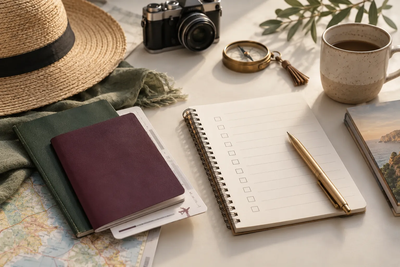 Illustration générée par IA : documents de voyage neutres, checklist et stylo sur une table