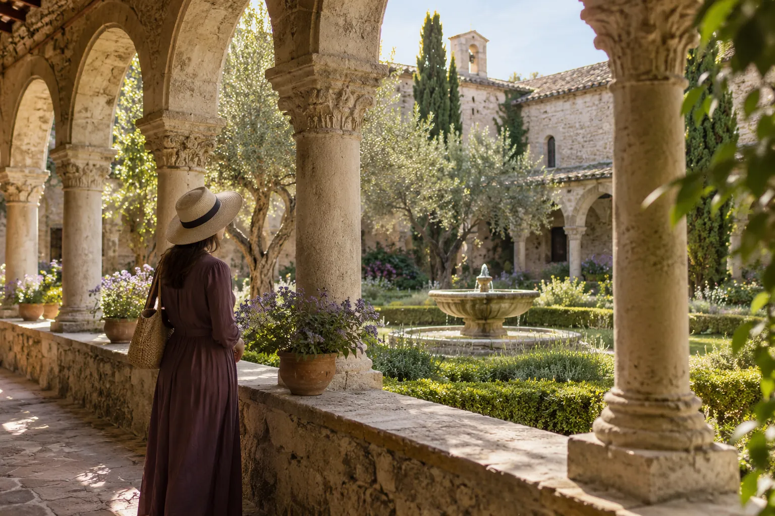 Illustration générée par IA : visiteur dans une cour de cloître aux arcades de pierre