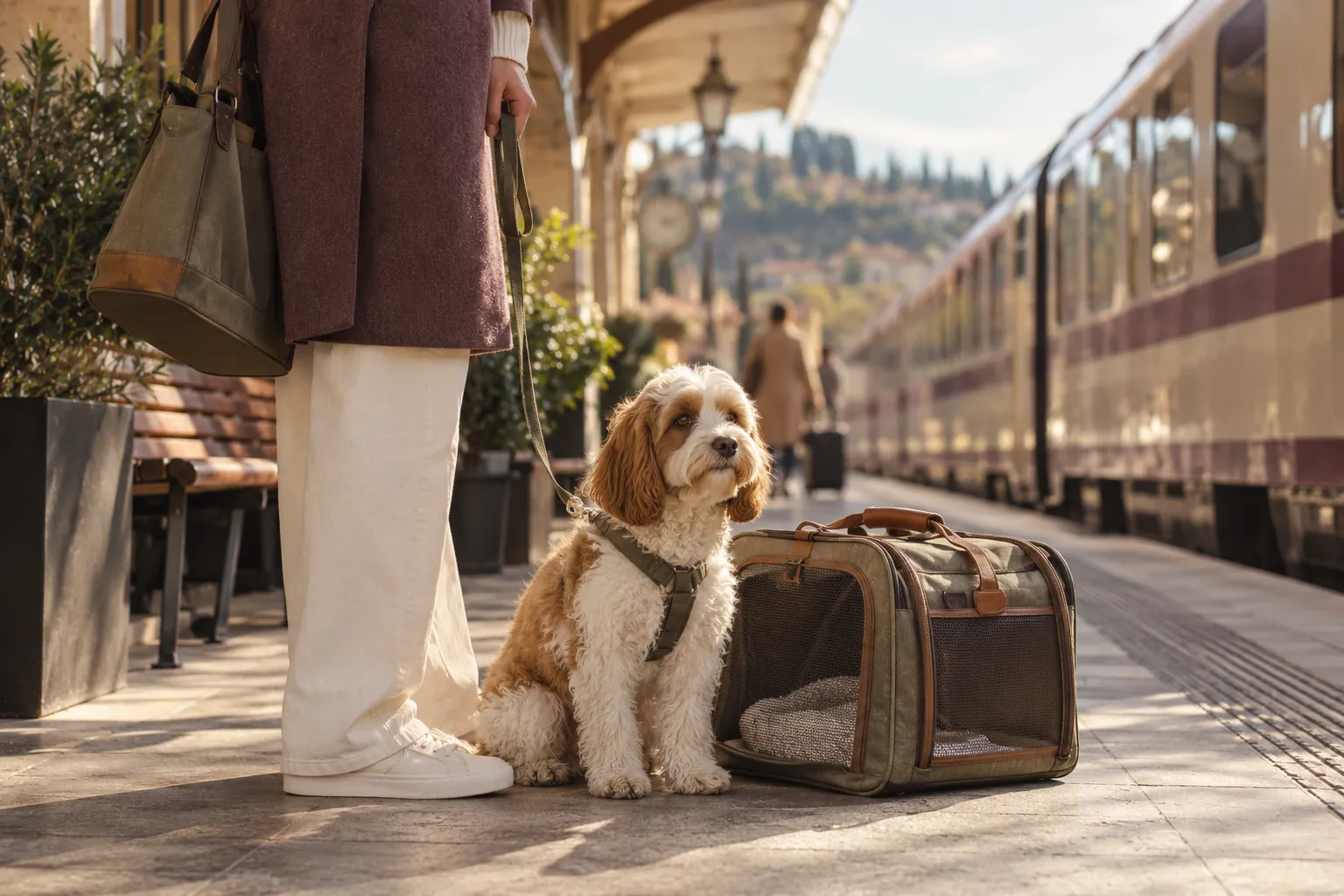 Illustration générée par IA : chien, propriétaire et caisse de transport sur un quai
