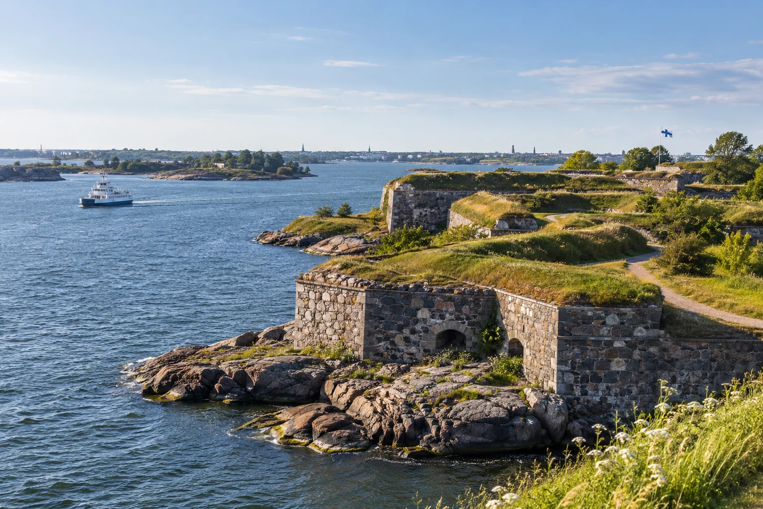 Illustration générée par IA : fortifications insulaires et ferry évoquant Helsinki