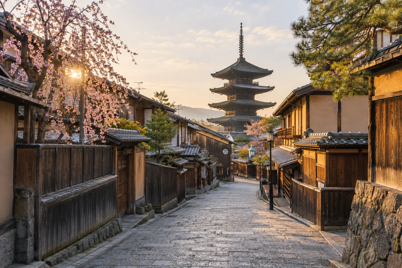Illustration générée par IA : ruelle traditionnelle et pagode évoquant Kyoto