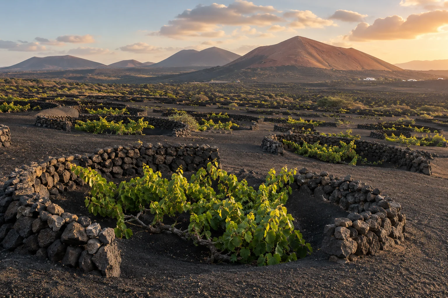 Illustration générée par IA : vignes et murets sur un sol volcanique évoquant Lanzarote