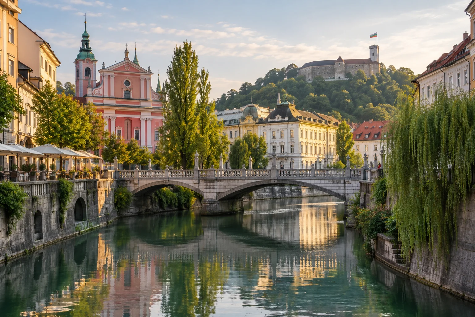 Illustration générée par IA : ponts, rivière et façades évoquant Ljubljana