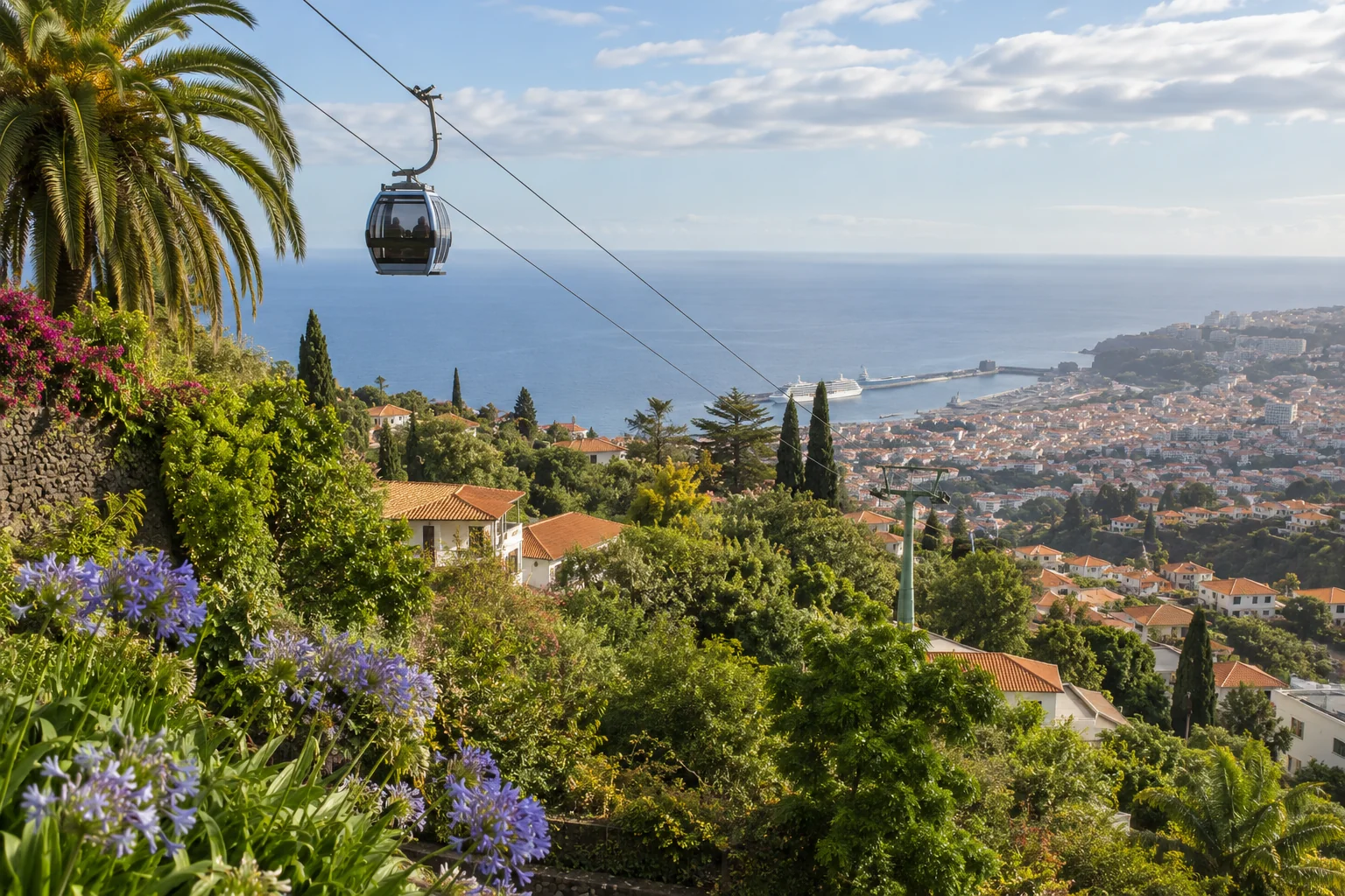 Illustration générée par IA : téléphérique et coteaux au-dessus de Funchal évoquant Madère