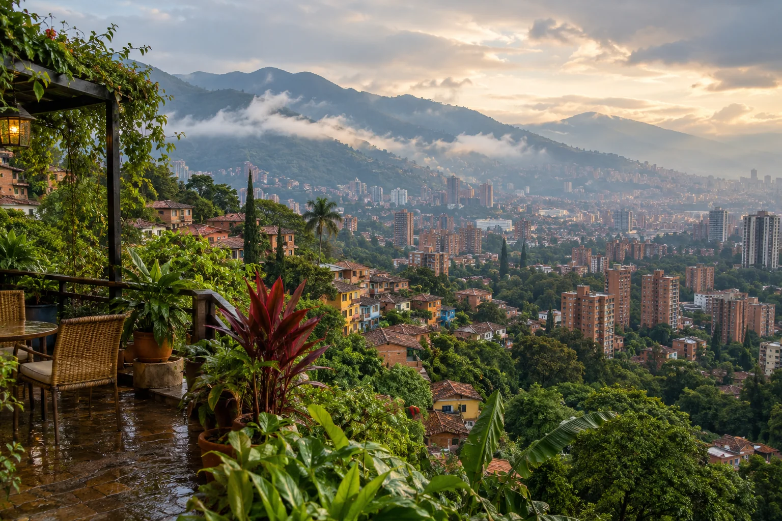 Illustration générée par IA : ville et reliefs andins évoquant Medellín après la pluie