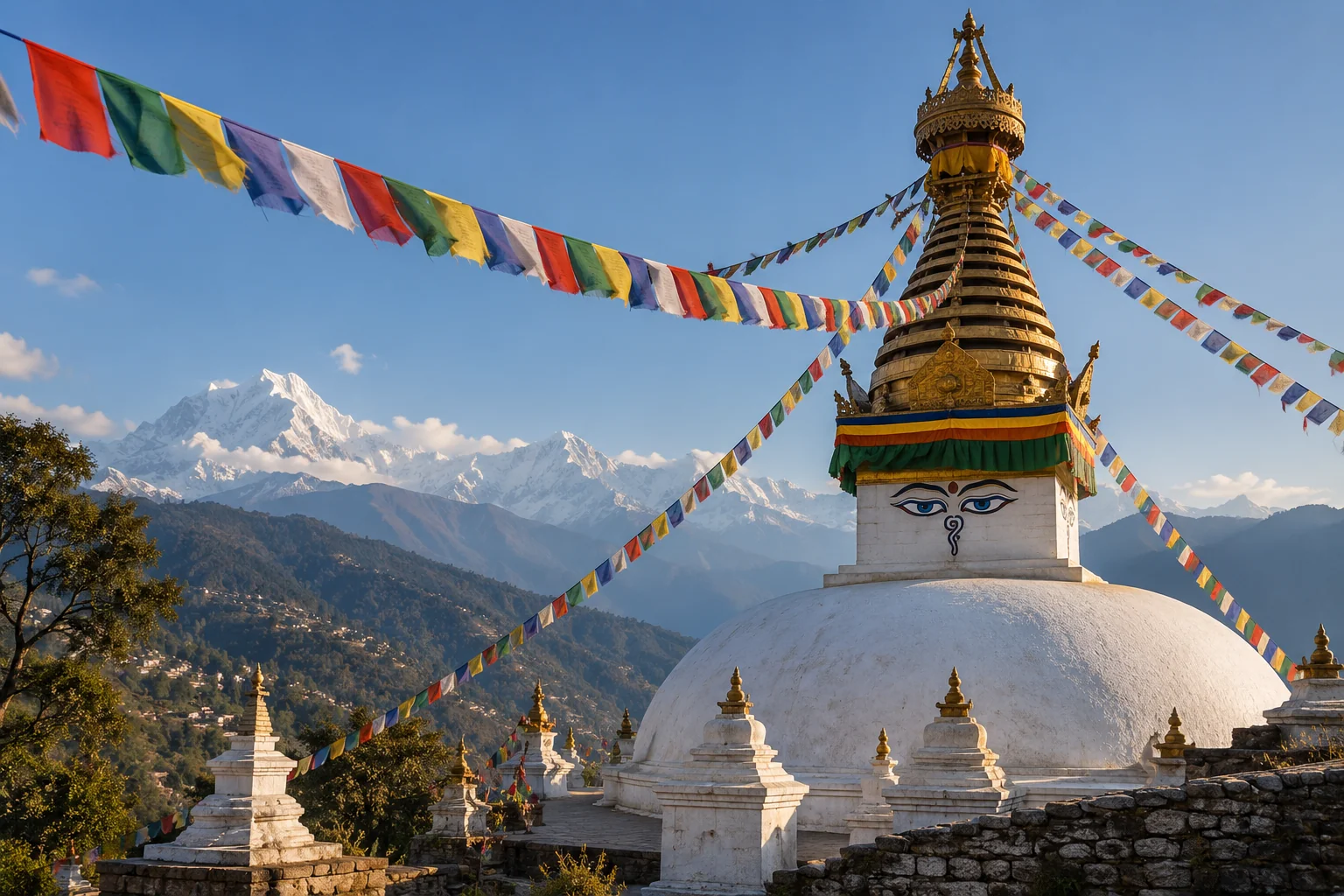 Illustration générée par IA : stupa, drapeaux de prière et montagnes évoquant le Népal