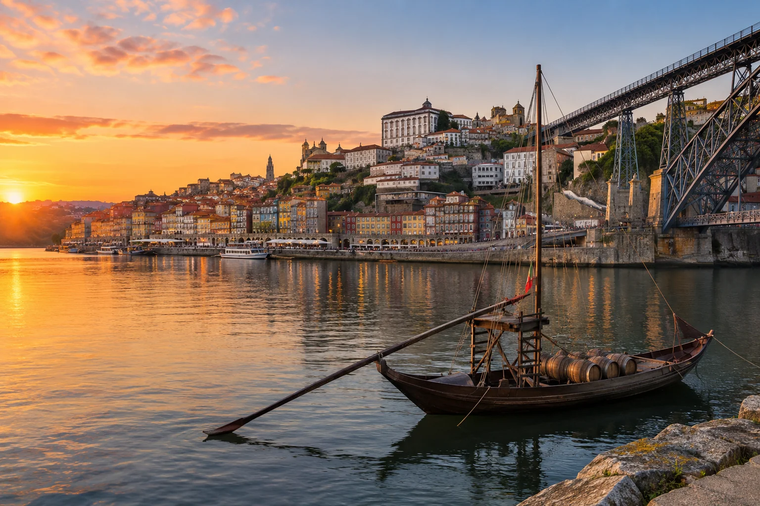 Illustration générée par IA : maisons colorées, bateau et pont sur le Douro évoquant Porto