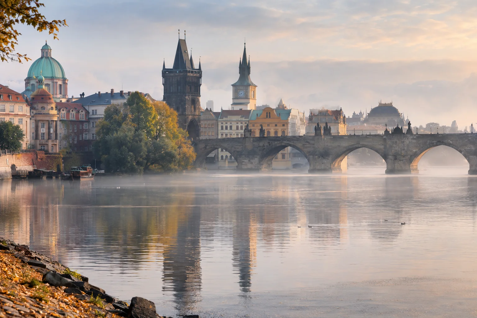 Illustration générée par IA : pont de pierre et toits historiques évoquant Prague
