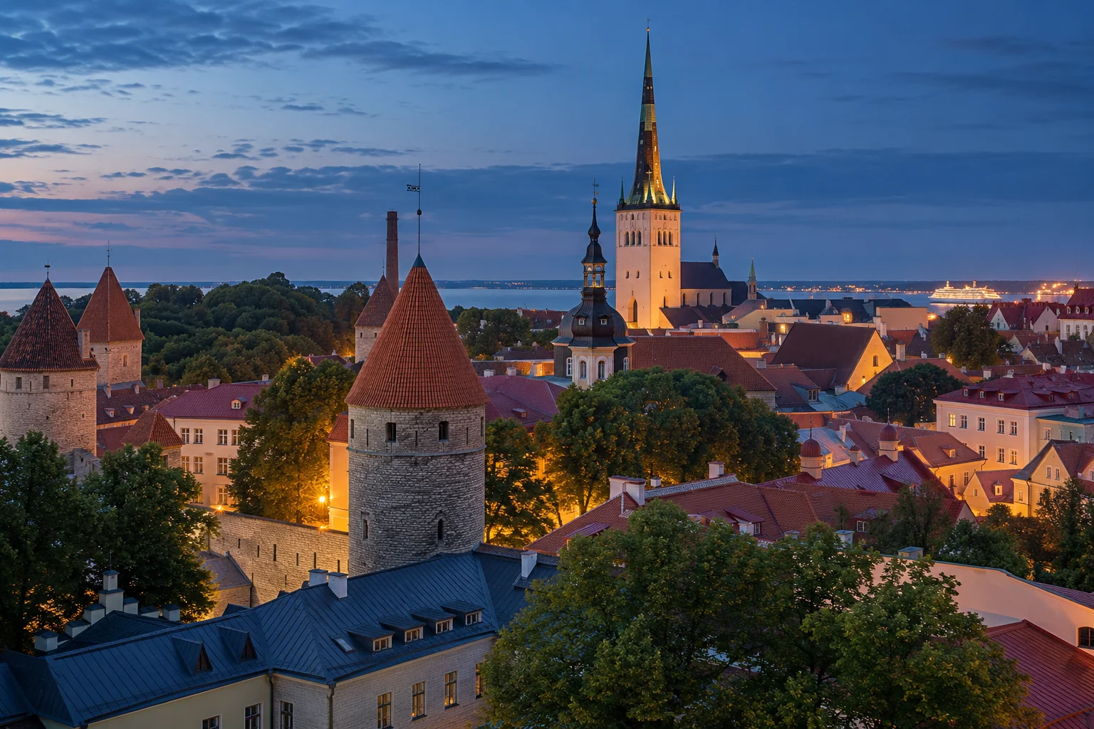 Illustration générée par IA : toits, clochers et tours évoquant Tallinn à l’heure bleue