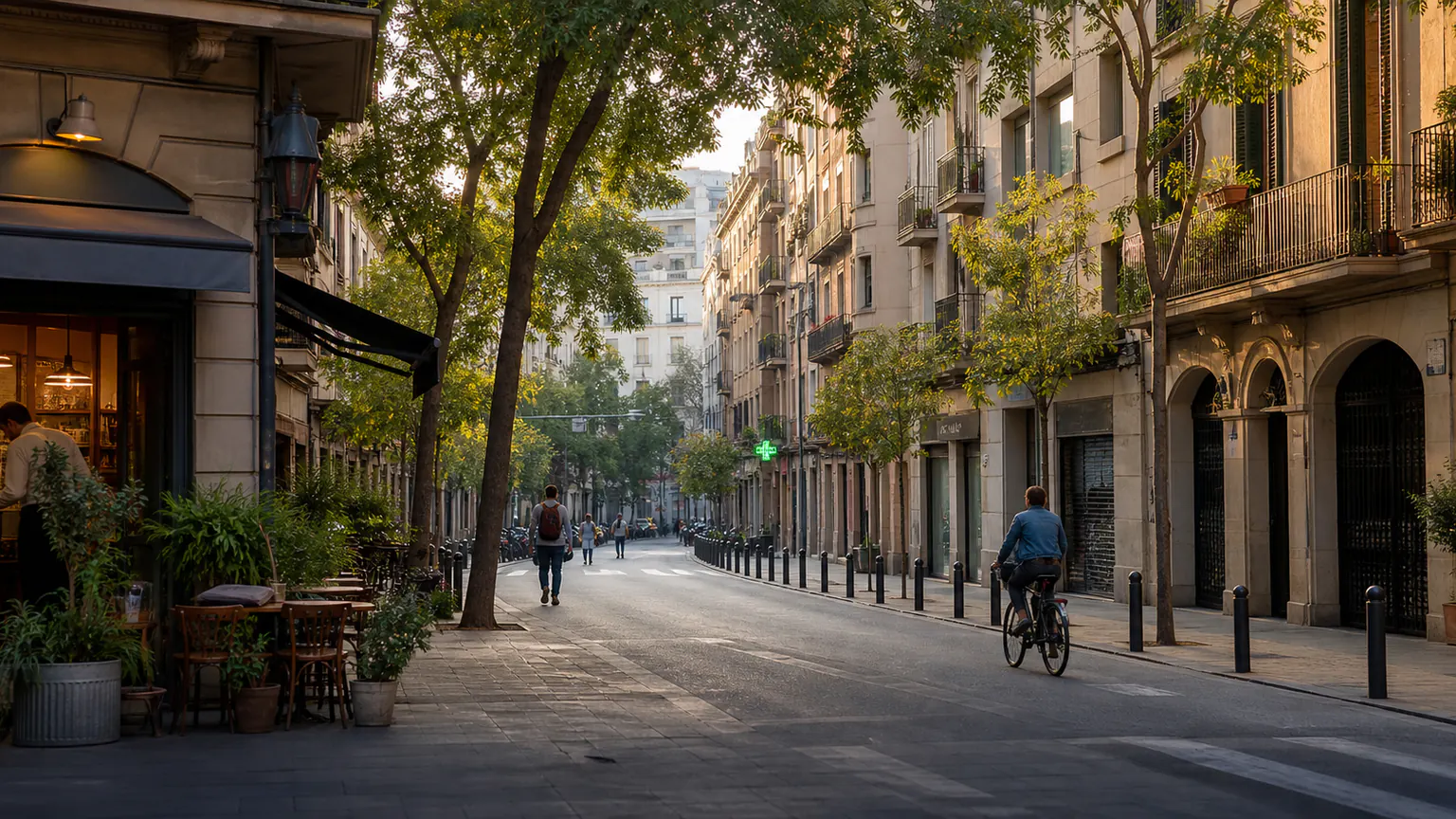 Illustration pour Barcelone : rue arborée bordée de façades à balcons, avec un cycliste