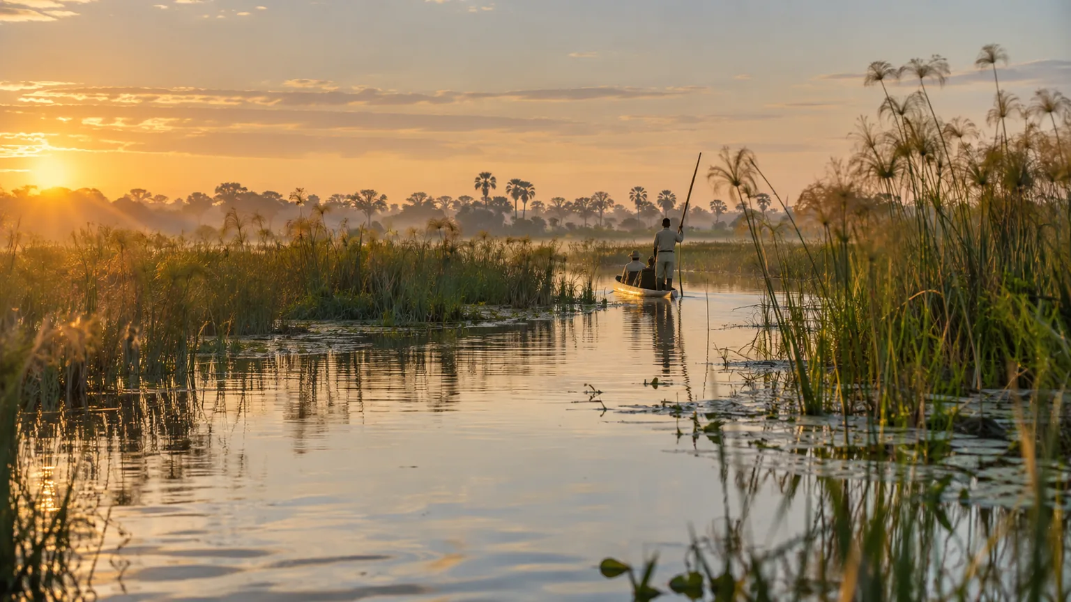 Illustration pour Botswana : embarcation sur un chenal bordé de végétation au soleil levant