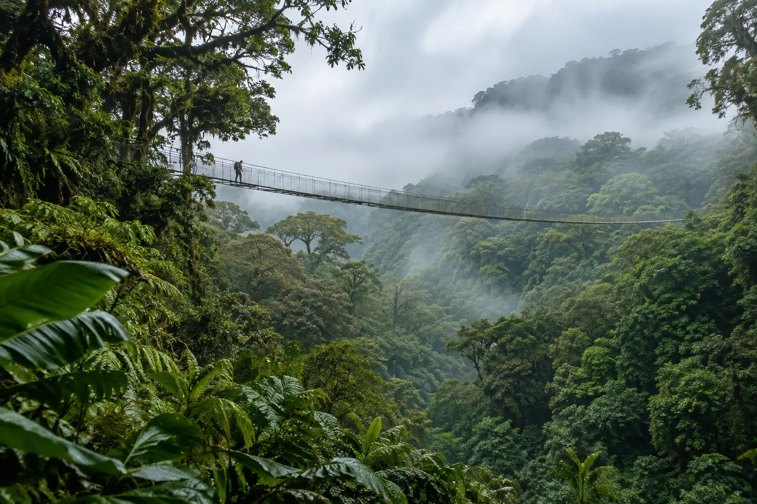 Illustration pour Costa Rica : passerelle suspendue au-dessus d’une forêt dense et brumeuse