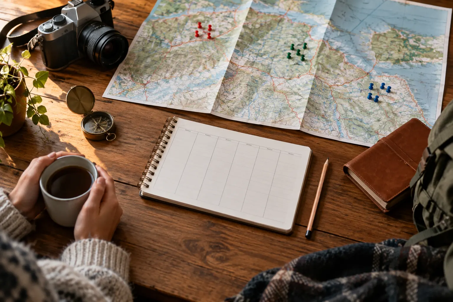 Carnet ouvert, calendrier et carte de voyage posés sur une table en bois