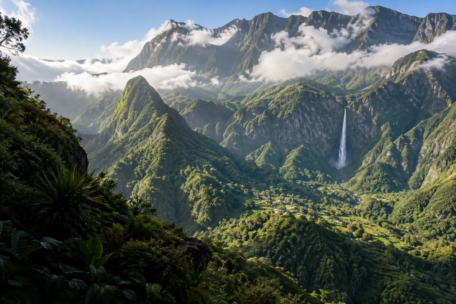 Illustration pour La Réunion : cirque montagneux verdoyant avec une cascade sur la paroi