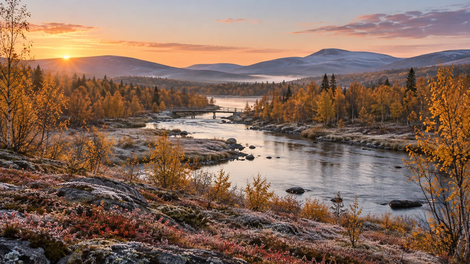 Illustration pour Laponie finlandaise : rivière, arbres dorés et végétation basse en automne