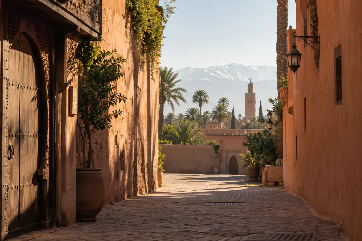 Illustration pour Marrakech : ruelle ocre ouverte sur une terrasse plantée de palmiers