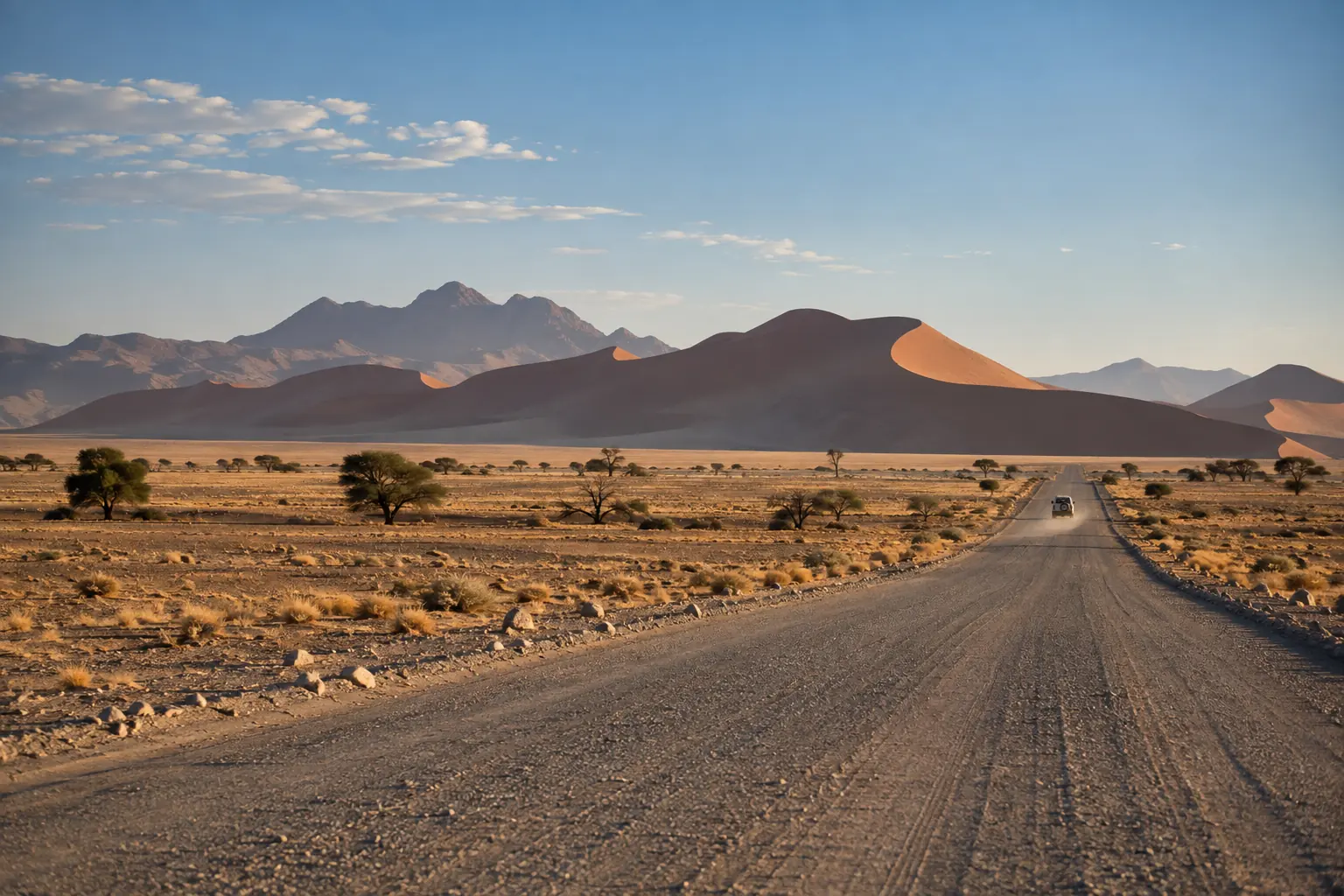 Illustration pour Namibie : route traversant une plaine désertique vers des dunes rouges