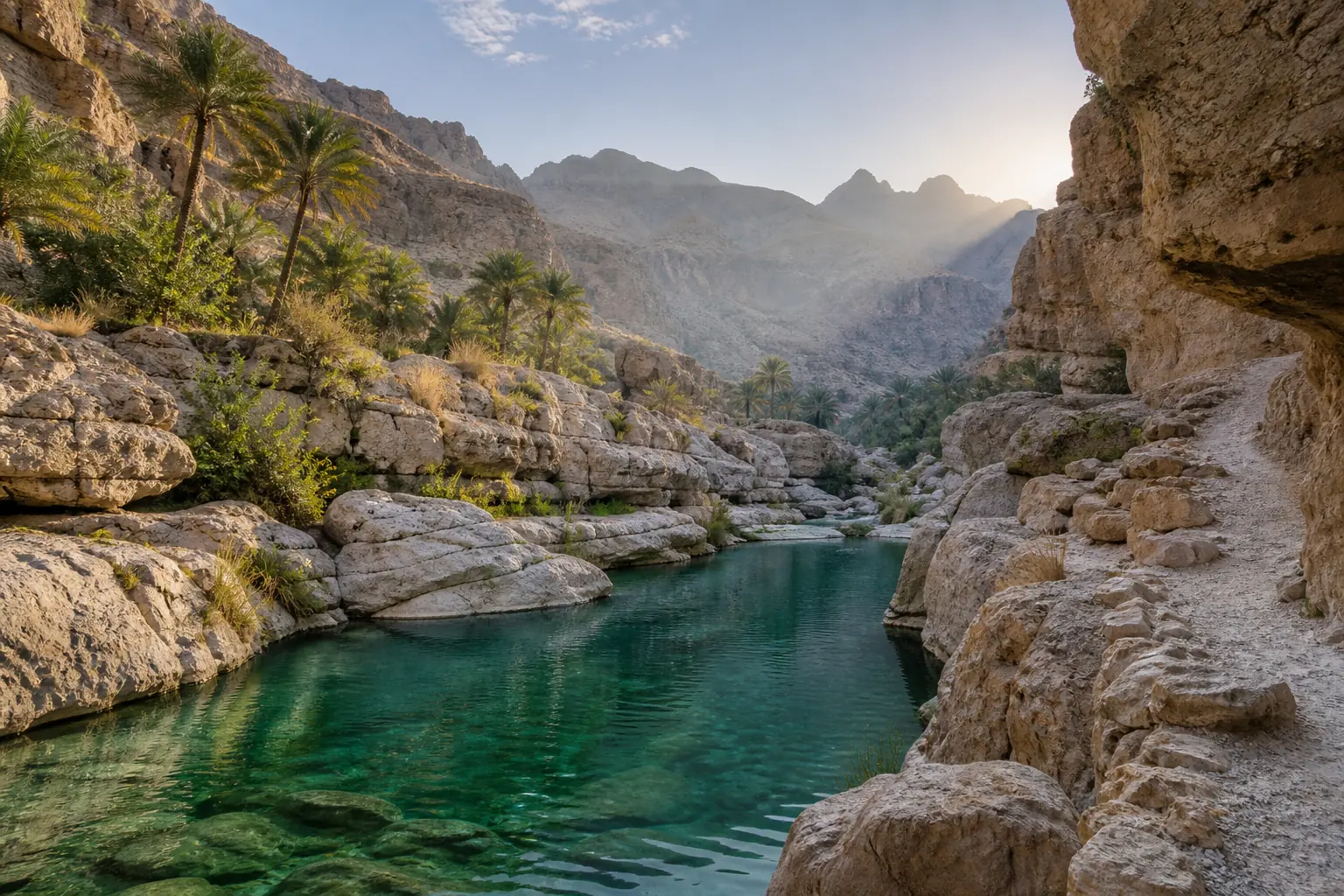 Illustration pour Oman : vasque verte dans un défilé rocheux