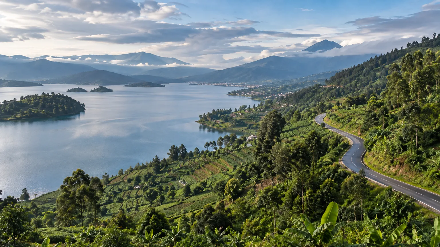 Illustration pour Rwanda : route sur un versant verdoyant au-dessus d’un lac