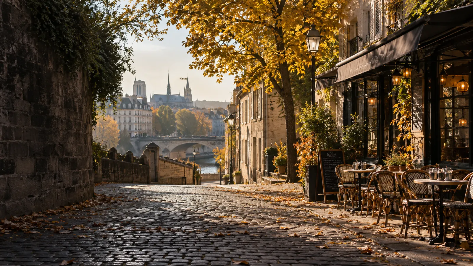 Rue pavée bordée de feuilles dorées et de terrasses en automne