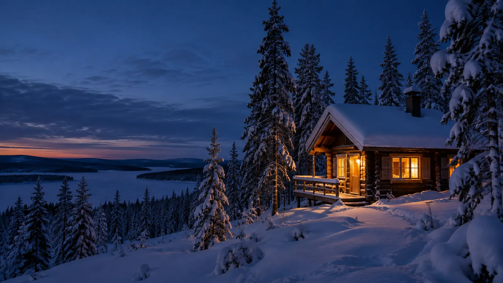 Chalet éclairé dans une forêt enneigée de Laponie à l’heure bleue