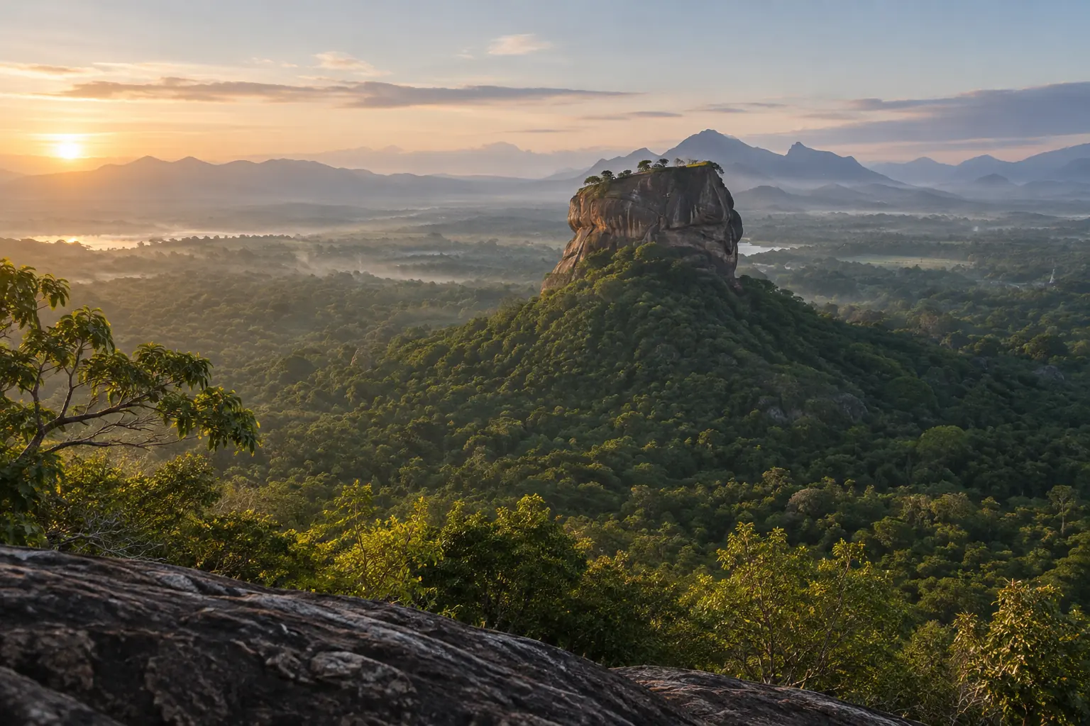 Illustration pour Sri Lanka : rocher monumental dominant une forêt au lever du soleil