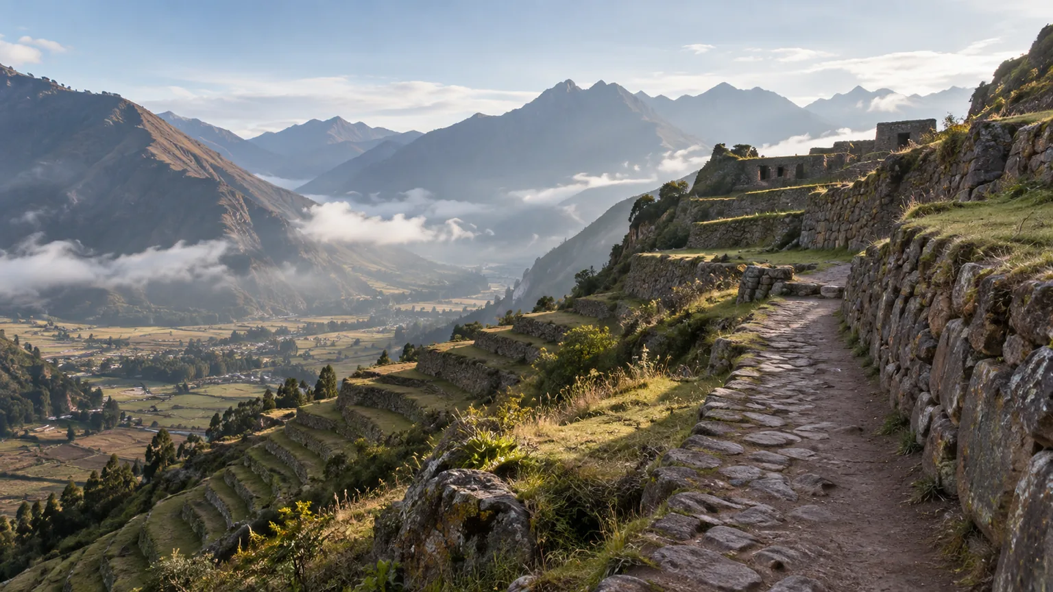 Illustration pour Vallée sacrée : sentier de pierre et terrasses agricoles entre des montagnes